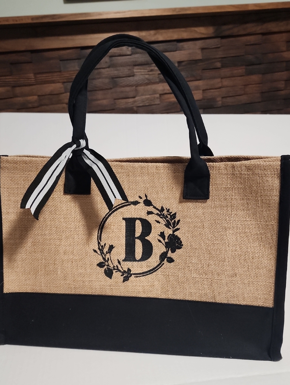 Black & Natural Monogram Burlap Tote Bag with Ribbon Accent